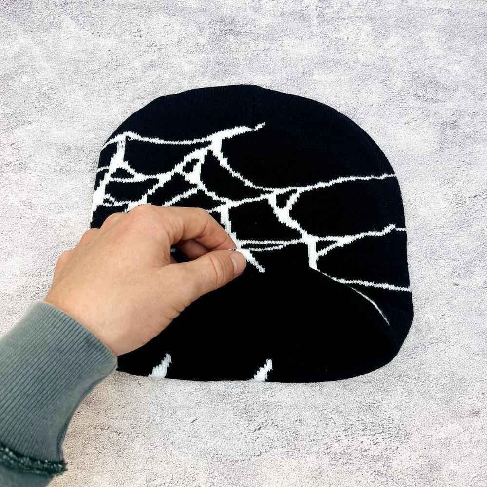 y2k 2000s black & white grunge gothic spiderweb beanie - Picture 3 of 6